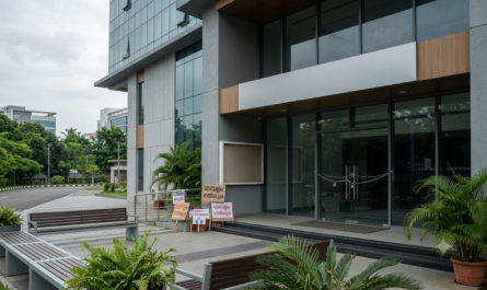 Shuttered office building entrance with locked doors and protest signs in Malayalam, illustrating the Talrop company shutdown crisis in Kerala.