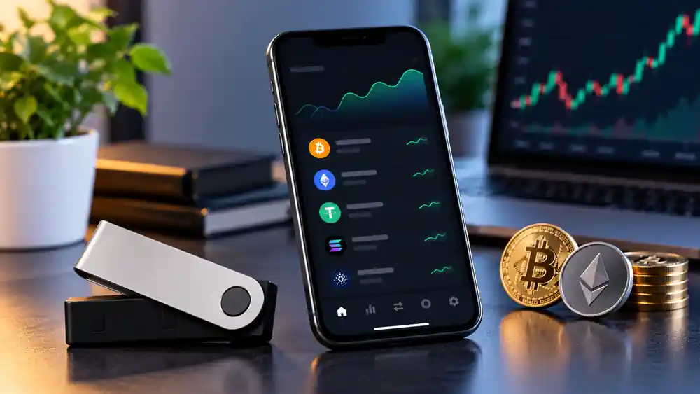 Ledger Wallet crypto management app with smartphone and digital assets